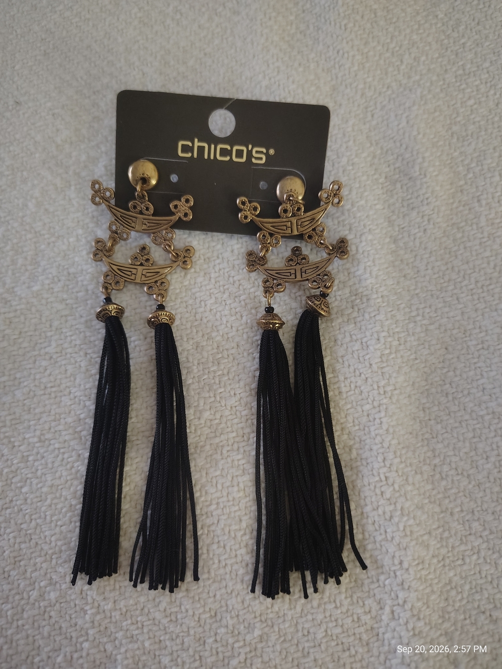 Chico's Gold-Tone Asian Inspired Double-Arch Tassel Earrings in Black